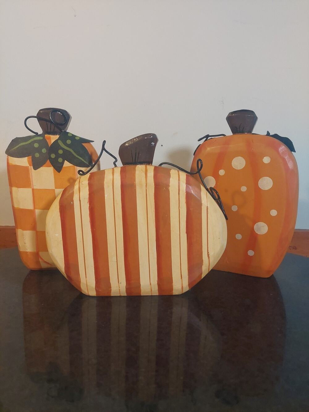 Set of 3 Folk Art Pumpkin Figurines Fall Harvest Decor Plaid Striped Polka
